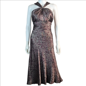 Anne Klein 100% Silk Brown Taupe Mauve Floral Twist Front Halter Midi Dress